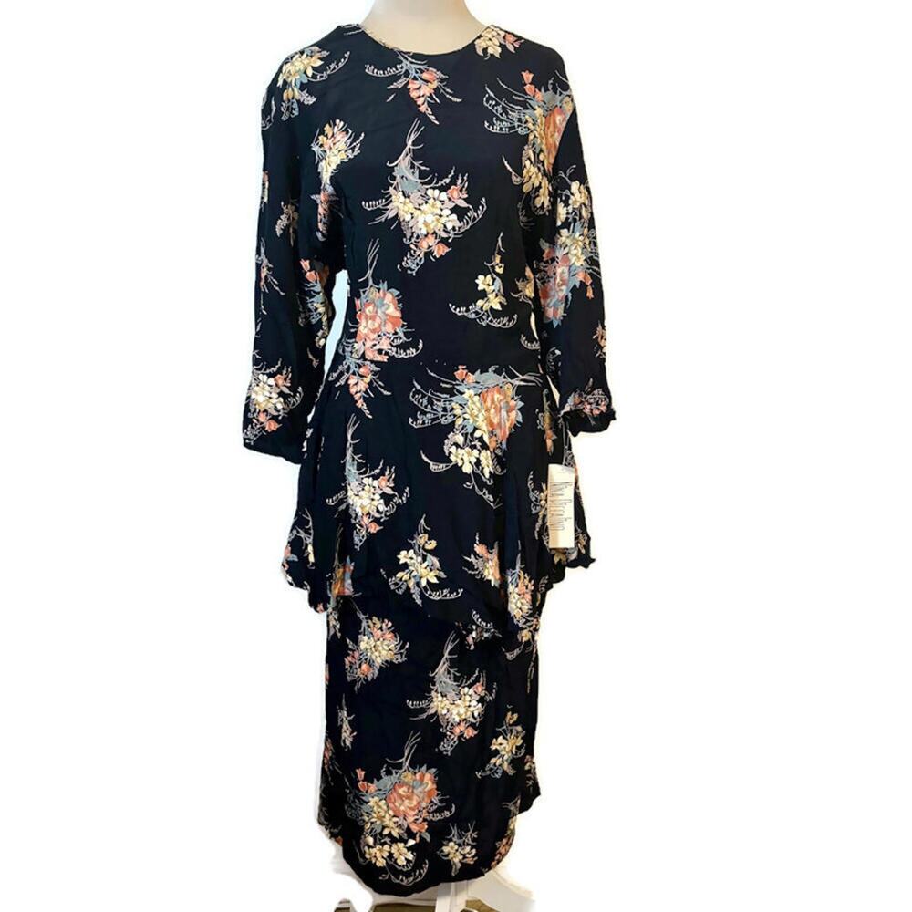 NWT Vintage 80's Nina Piccalino Black Floral Peplum Ruffled Midi Dress Retro 40s
